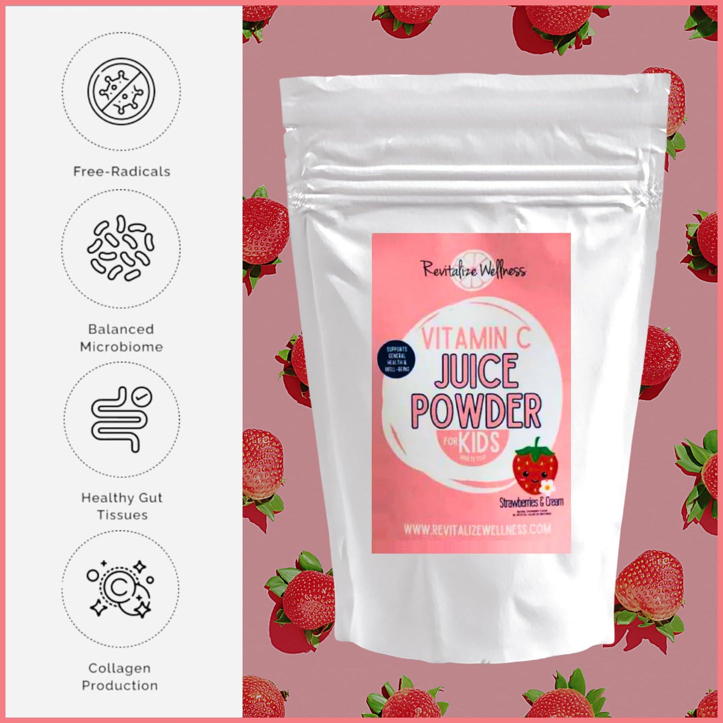 Revitalize Wellness Vitamin C Juice Powder – 1000 mg Vitamin C (Ascorbic Acid) per Serving | No Sugar Added | Strawberries & Cream | 120 Servings