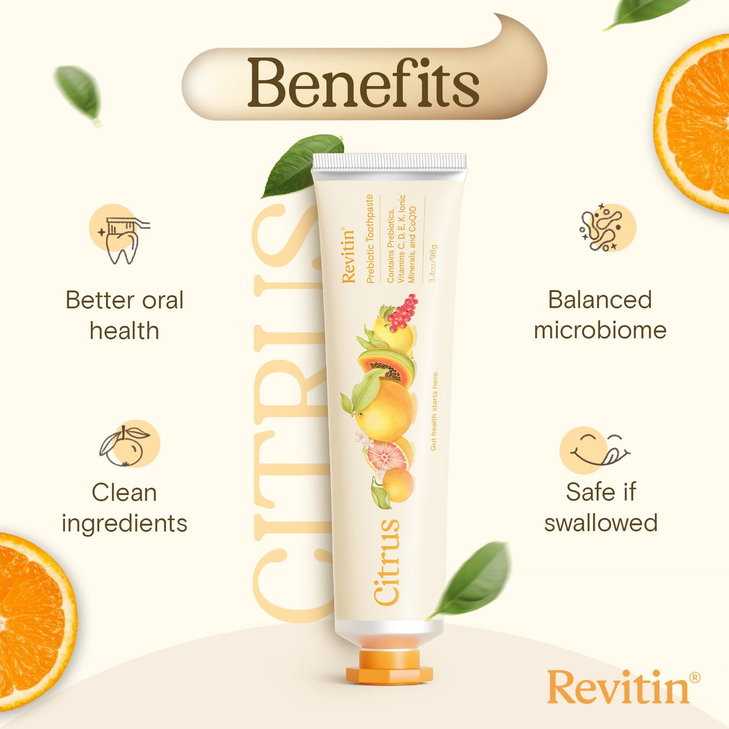 Revitin Toothpaste | Fluoride-Free Prebiotic Citrus Toothpaste | No SLS, Dye Free, GMO Free, Gluten Free | Non-Toxic, Kid Approved