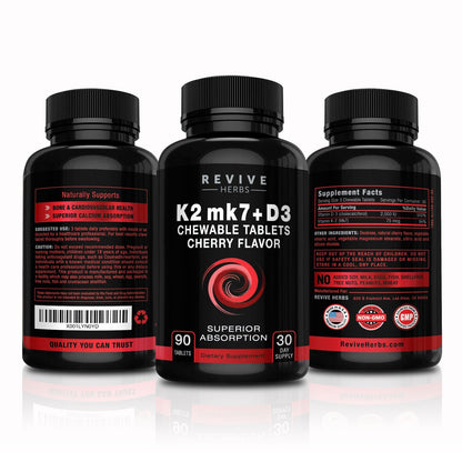 Revive Herbs Vitamin K2 D3 Cherry Chewables – MK7 75 mcg + D3 2000 IU for Bone & Heart Health | 90-Count