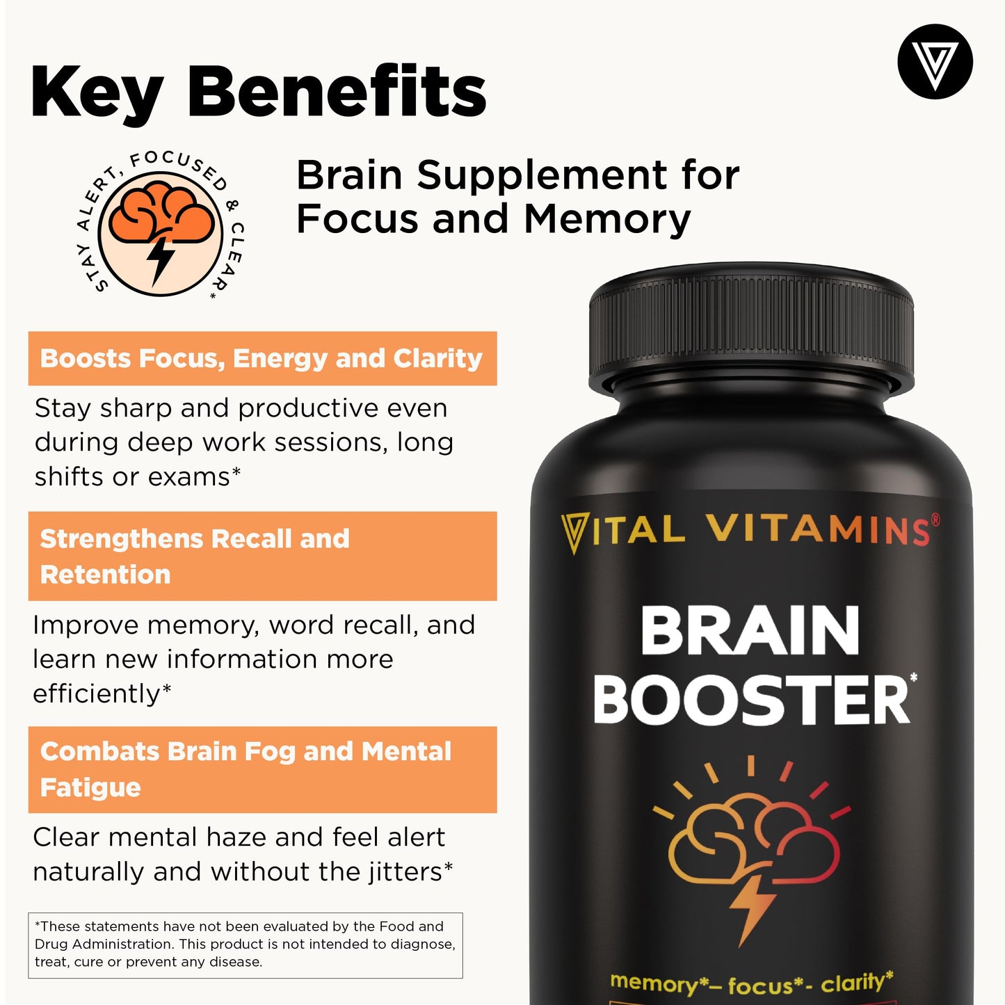 Vital Vitamins Brain Booster (2-Pack) — Memory & Focus Nootropics, Caffeine-Free