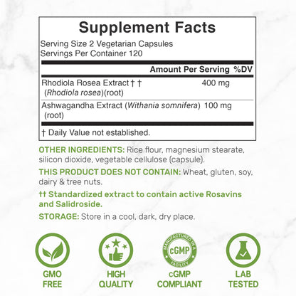 Rhodiola Rosea with Ashwagandha – 240 Veggie Capsules | Max Strength 10:1