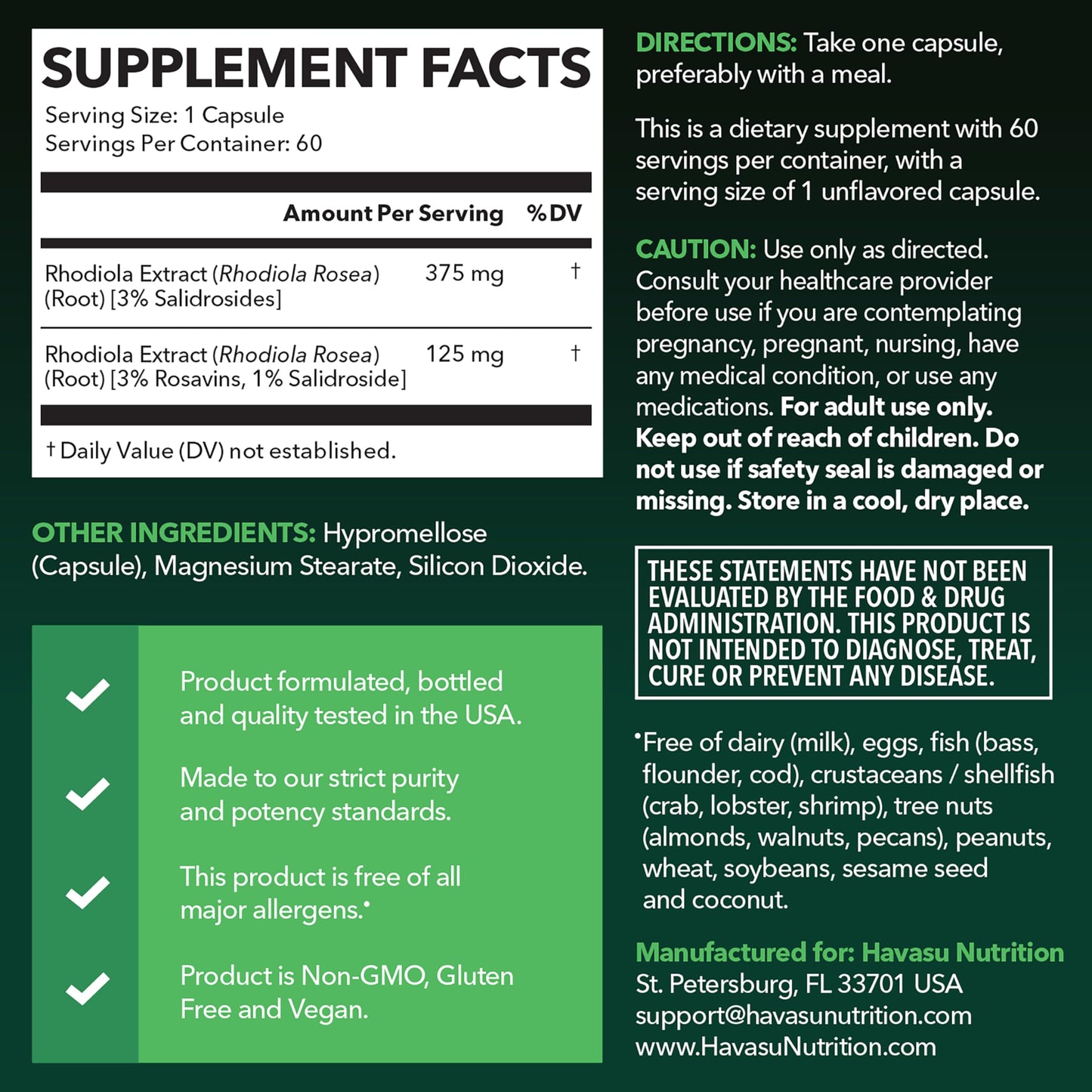 Rhodiola Rosea Supplement - 3% Salidrosides, 3:1 Rosavins, 60 Count | Vegan, Non-GMO, Gluten-Free