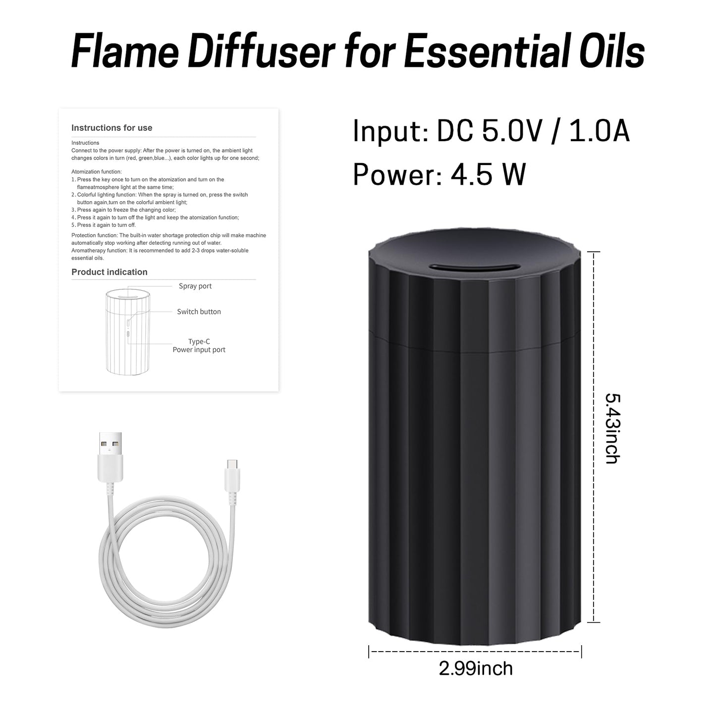 Rican Car Diffuser – Black 100ml USB-C Humidifier with Flame LED, Portable Aromatherapy Diffuser