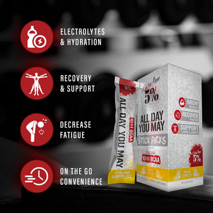 5% Nutrition Rich Piana AllDayYouMay BCAA Powder | 9g of Premium Intra & Post Workout Amino Acids for Hydration, Endurance, Muscle Recovery, Joint & Liver Support (Italian Lemon Ice)