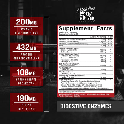 5% Nutrition Rich Piana Digestive Enzymes with Vitamin B Complex | Enzymes for Protein, Carbs, Fat, Fiber & Lactose Breakdown | 60 Veg Caps