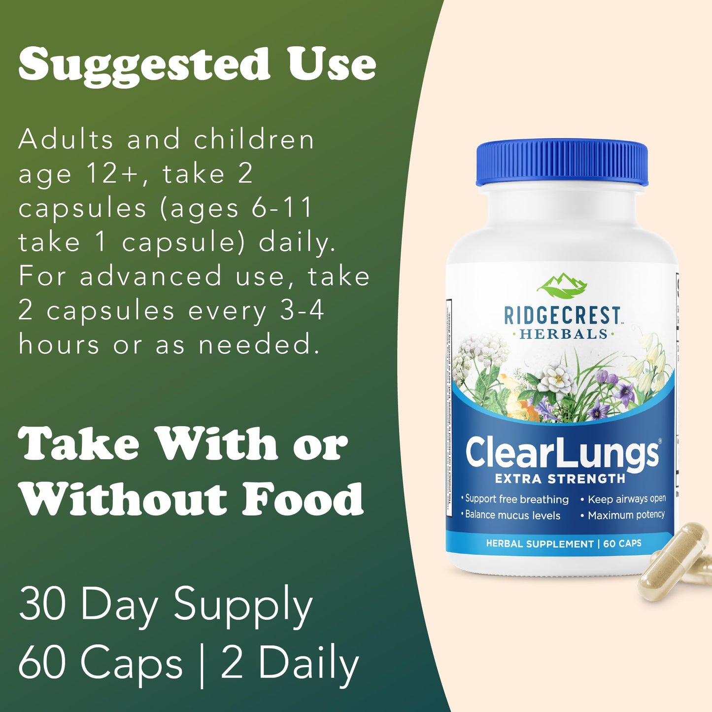 RidgeCrest ClearLungs Extra Strength – Natural Lung & Respiratory Support (60 Caps, 30 Serv)