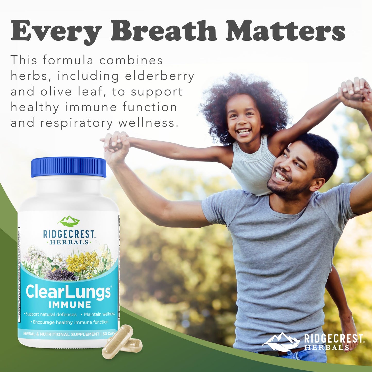 RidgeCrest ClearLungs Immune – Lung & Immune Support with Mullein, Elderberry, Zinc (60 Caps, 30 Serv)