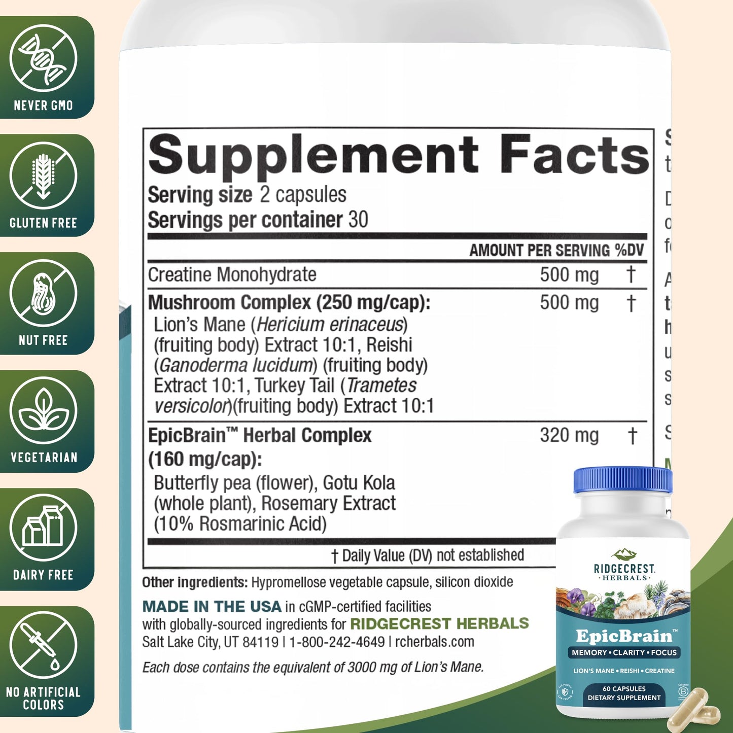 RidgeCrest EpicBrain: Natural Brain Support with Creatine Monohydrate & Lion's Mane