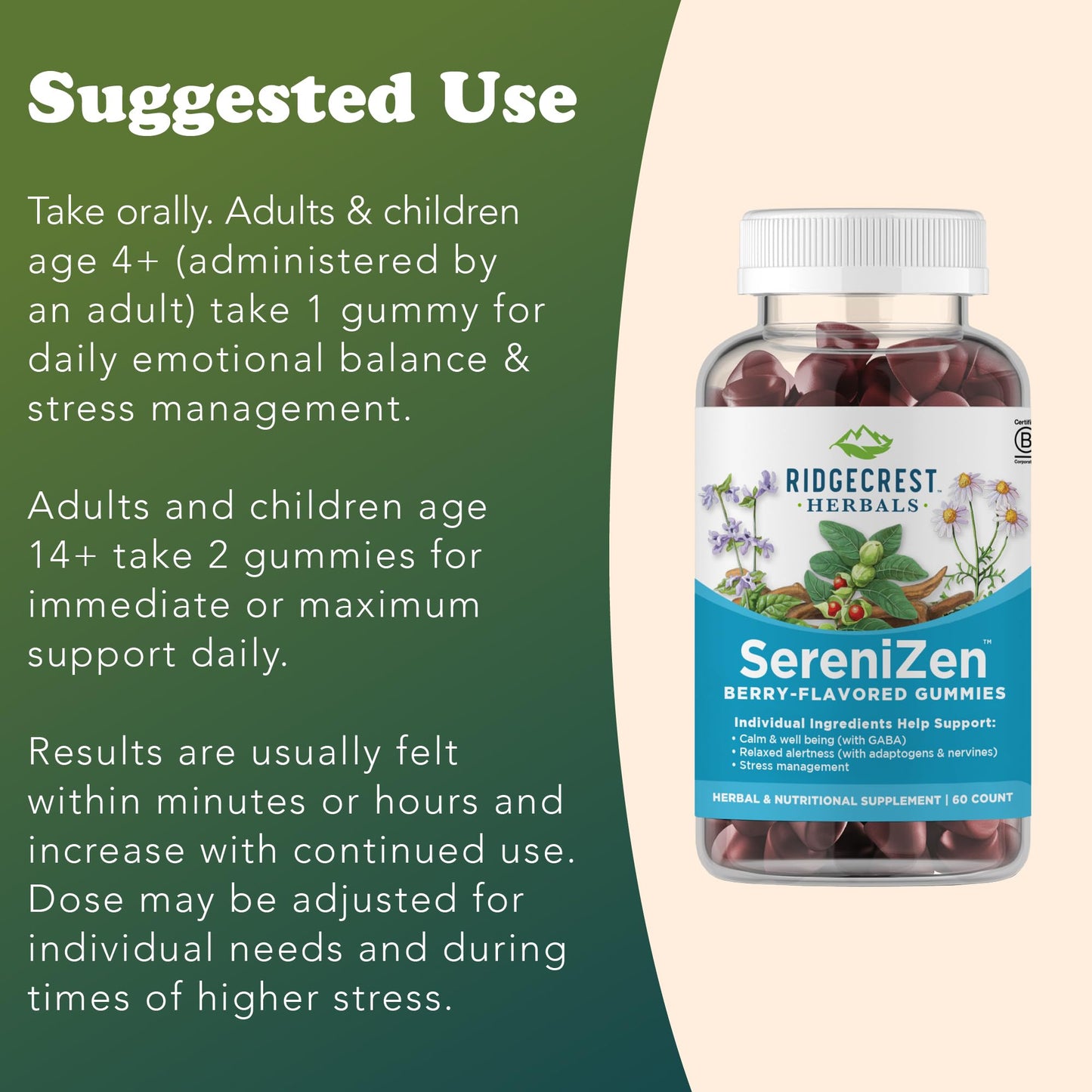 RidgeCrest Herbals SereniZen Gummies – Ashwagandha, GABA & L-Theanine for Relaxation & Sleep (60 Ct)