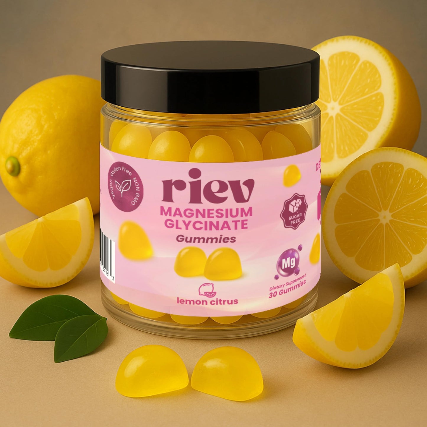 Riev Magnesium Glycinate Gummies 200mg – Sugar-Free, Vegan & Non-GMO | Lemon Citrus 30 Gummies