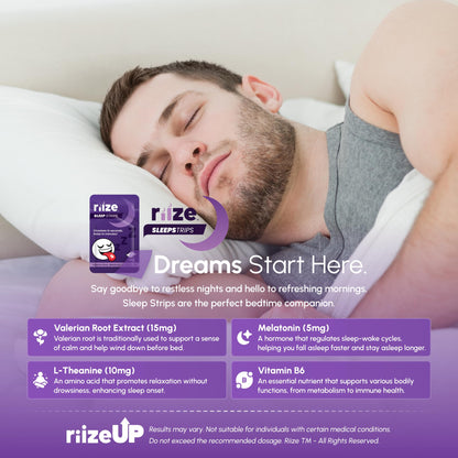 Riize Sleep Strips – Fast Acting Dissolvable Sleep Aid with 5mg Melatonin, Valerian, L-Theanine, Vitamin B6 | Vegan (3 Count)