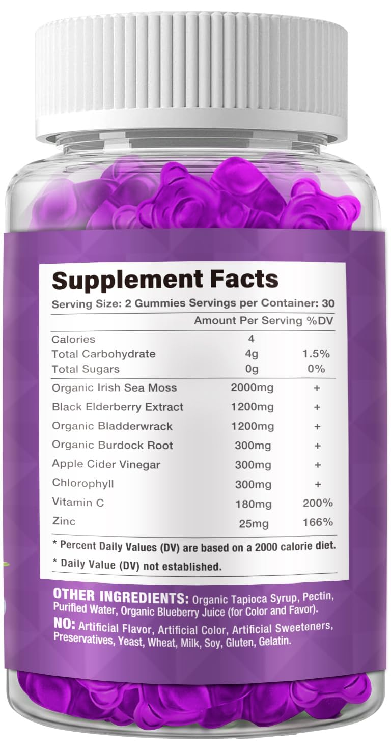 Riyuetian Sea Moss & Elderberry Gummies – Blueberry, 120 Count (Pack of 2) – Vegan