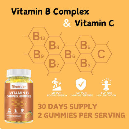 Riyuetian Vitamin B Complex Gummies with Biotin, Choline & Inositol, Vitamin C & Zinc – Supports Energy, Brain, Mood, Immune Health, Hair & Skin – Mango Flavor – Vegan – 120 Gummies