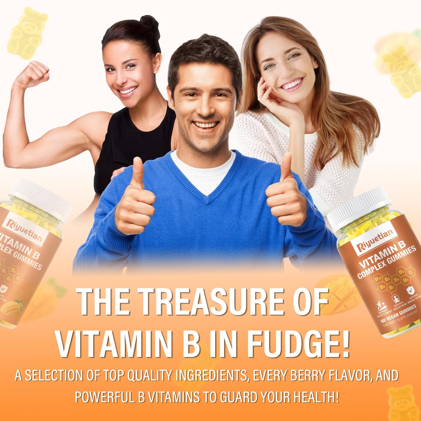 Riyuetian Vitamin B Complex Gummies with Biotin, Choline & Inositol, Vitamin C & Zinc – Supports Energy, Brain, Mood, Immune Health, Hair & Skin – Mango Flavor – Vegan – 120 Gummies