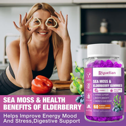 Riyuetian Sea Moss & Elderberry Gummies – Blueberry, 120 Count (Pack of 2) – Vegan
