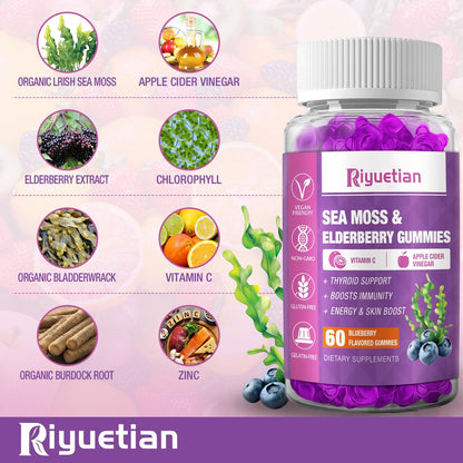 Riyuetian Sea Moss & Elderberry Gummies – Blueberry, 120 Count (Pack of 2) – Vegan
