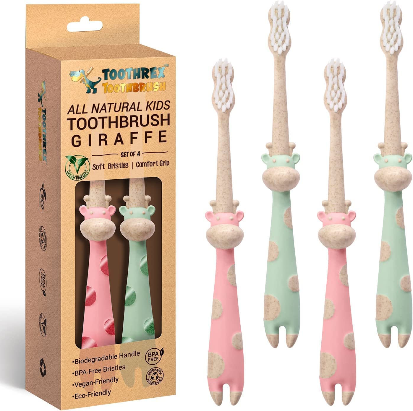 ROARex All-Natural Kids Toothbrushes - Giraffe (4-36m) Mint/Rose | 4pk | 1% for The Planet