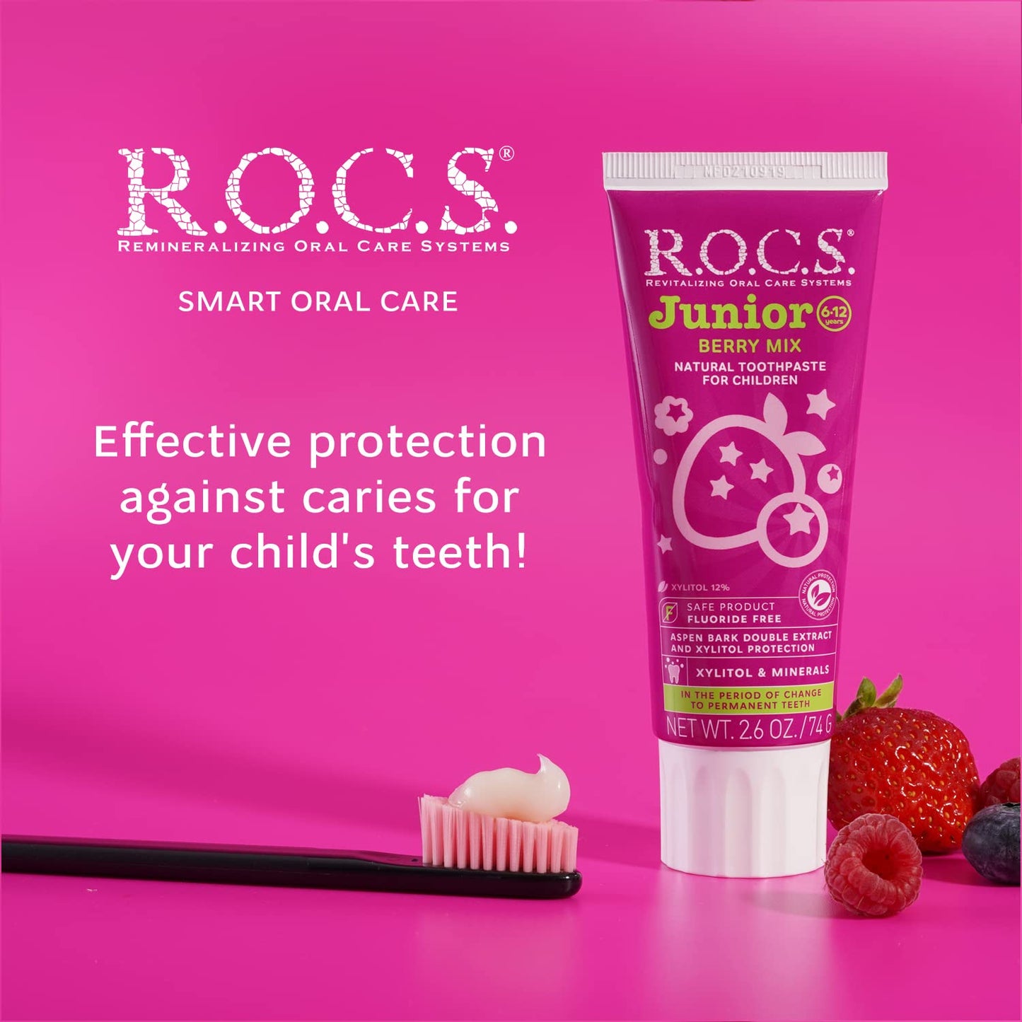 R.O.C.S. Junior Toothpaste Berry Mix – Enamel Whitening, No Fluoride – Safe to Swallow (6-12 yrs)