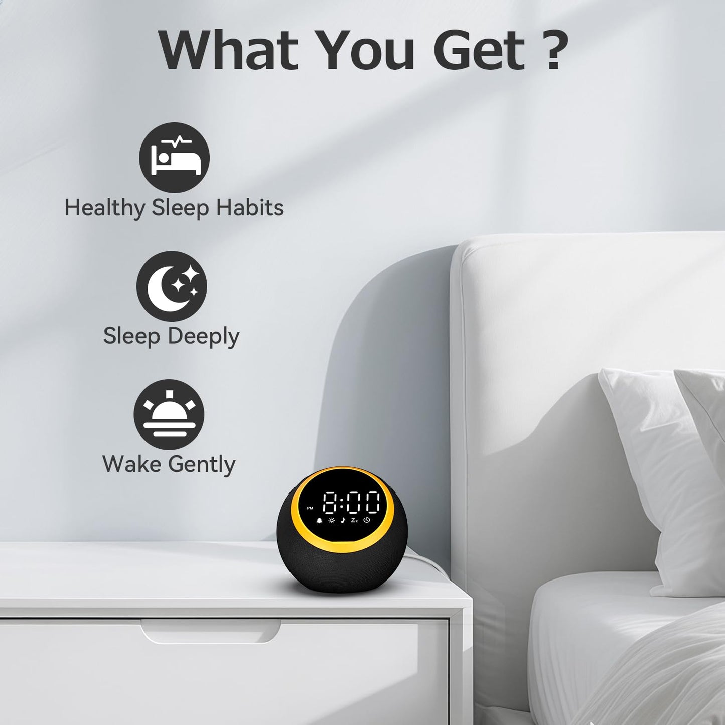 Rohent Alarm Clock with White Noise – 30 Sounds, 10 Wake-Up Tones, 32 Volume, Memory (Black)