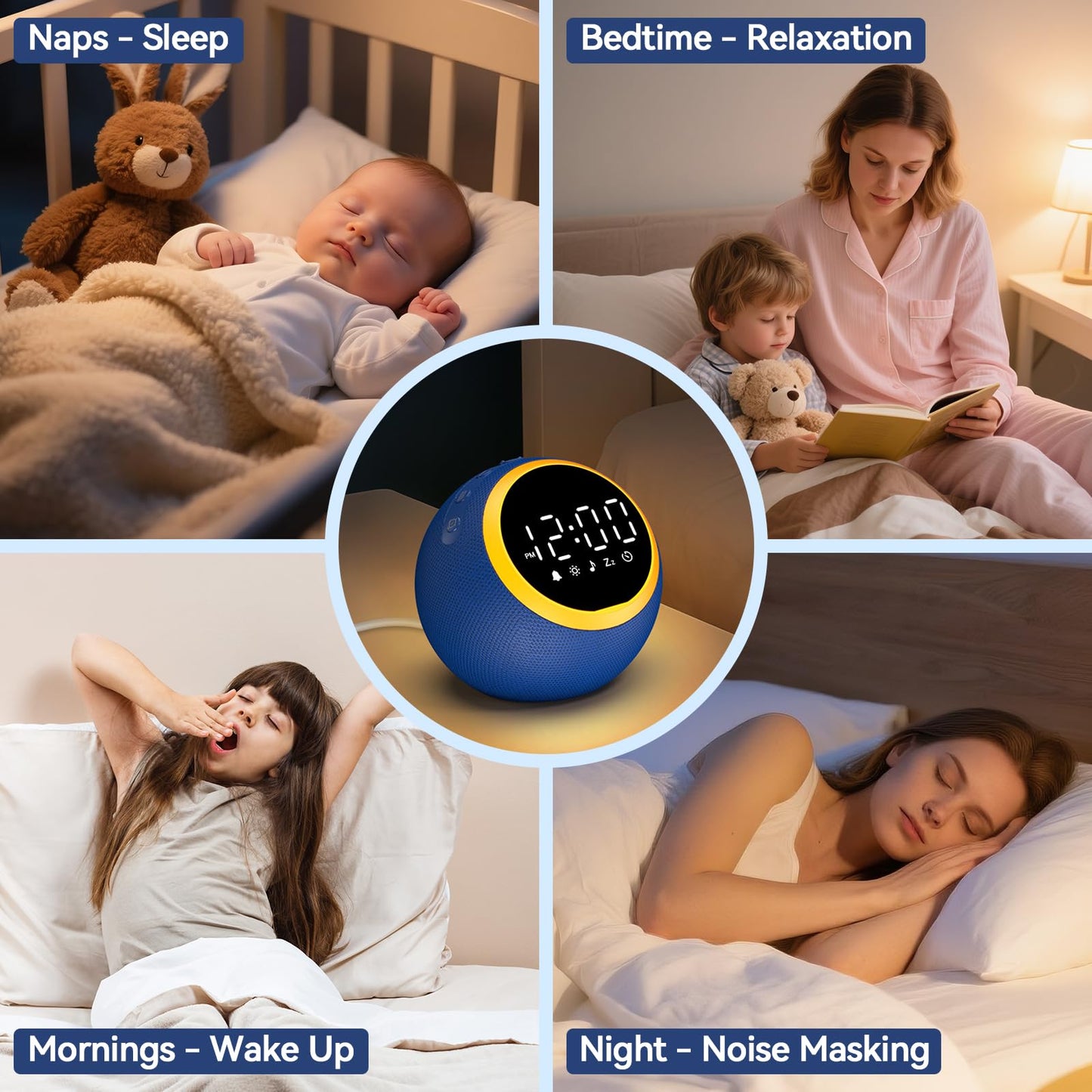 Rohent White Noise Sound Machine with Clock - 30 Sounds, 32 Volume Levels, Memory (Blue)