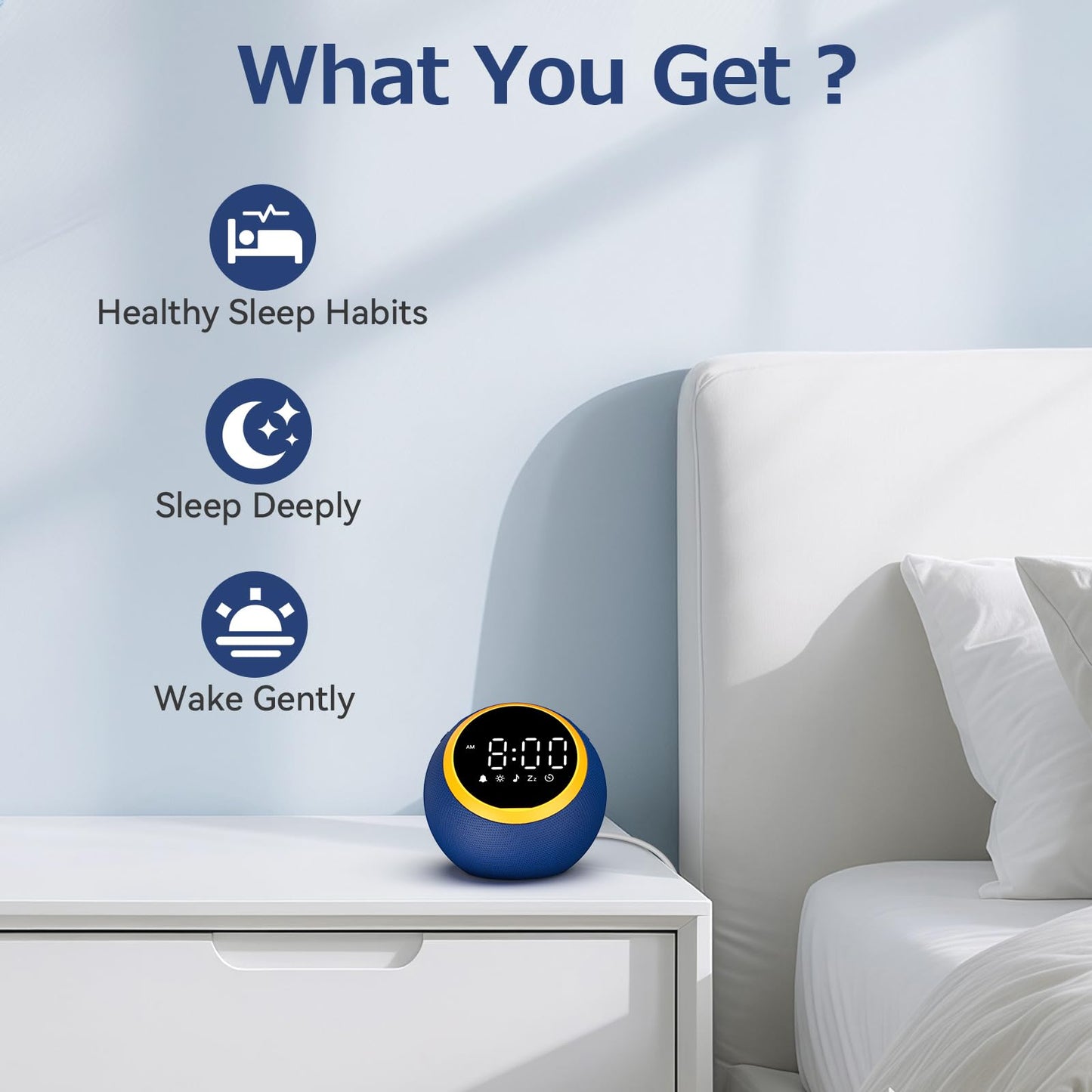 Rohent White Noise Sound Machine with Clock - 30 Sounds, 32 Volume Levels, Memory (Blue)