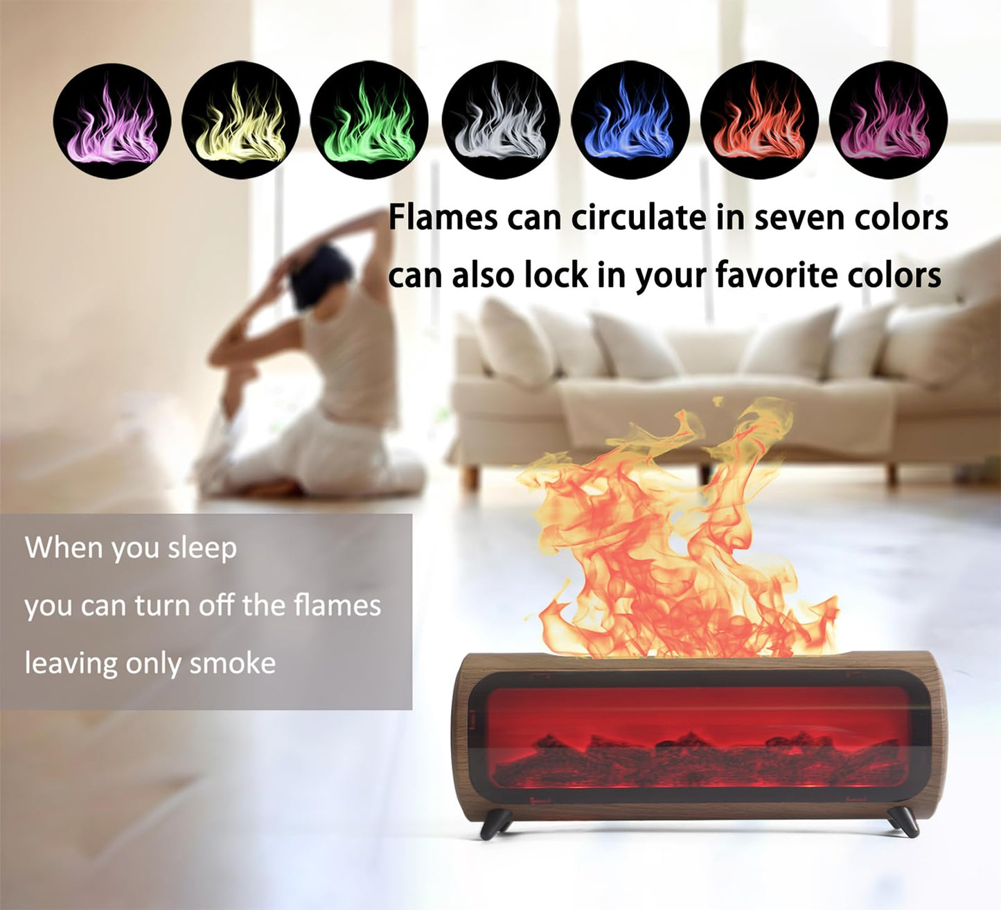 Romanplux Flame Diffuser Humidifier — 7-Color Flame, Wood Shape Fireplace Design with Auto-Shutoff