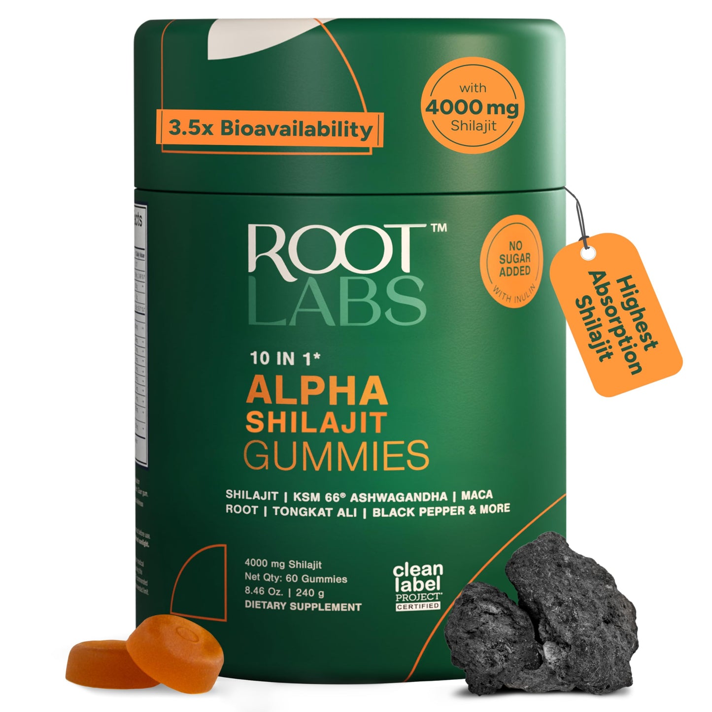 ROOT LABS 10-in-1 Alpha Shilajit Gummies | 4000 mg Pure Himalayan Shilajit, 60 Pack