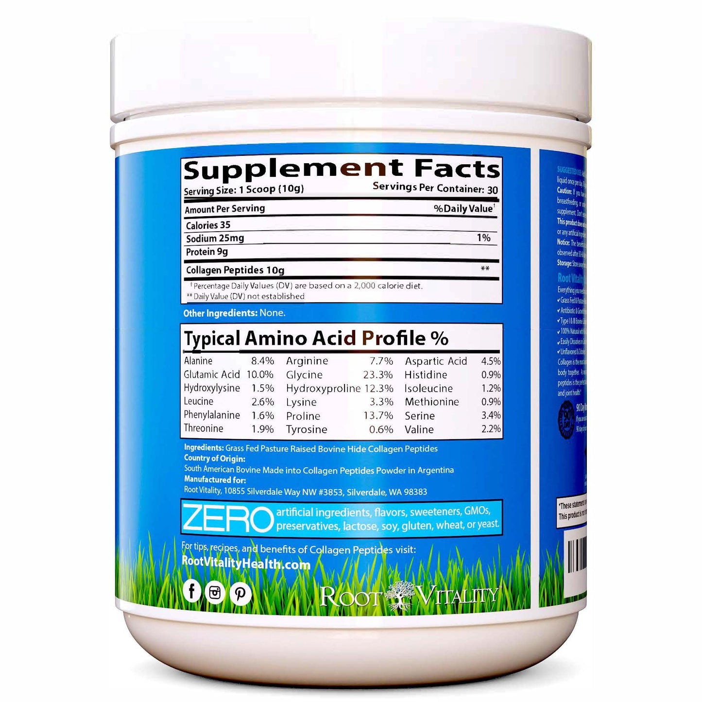 Root Vitality Collagen Peptides Powder – Grass-Fed, Non-GMO, Skin, Hair & Nails, 30 Servings