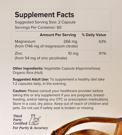 Potent & Pure Magnesium & Zinc Complex by Rootcha | Fully Reacted Magnesium with Chelated Zinc Picolinate | 120 Capsules