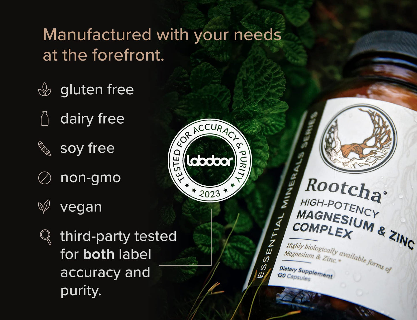 Potent & Pure Magnesium & Zinc Complex by Rootcha | Fully Reacted Magnesium with Chelated Zinc Picolinate | 120 Capsules