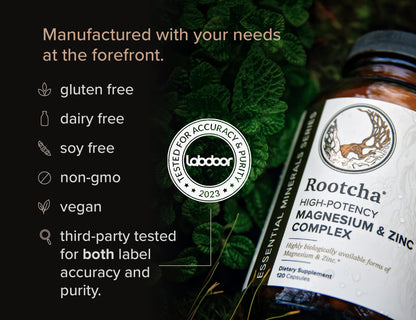 Potent & Pure Magnesium & Zinc Complex by Rootcha | Fully Reacted Magnesium with Chelated Zinc Picolinate | 120 Capsules