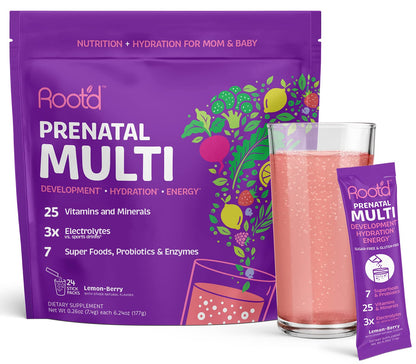 Root'd Prenatal Multivitamin Powder — 25 Vitamins & 3x Electrolytes, Folate, Iron, D3, 7 Superfoods & Probiotics | Sugar-Free | 24 Packets