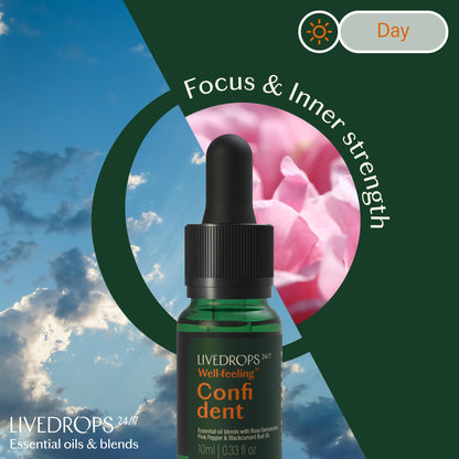 Livedrops 24/7 Confident Essential Oil Blend 10ml – Rose Damascena, Pink Pepper & Blackcurrant Bud