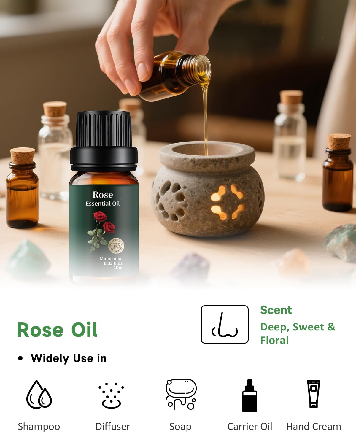 Rose Essential Oil - 100% Pure & Natural (0.33 fl oz / 10ml) | Aromatherapy, Skincare & Haircare | Mumianhua