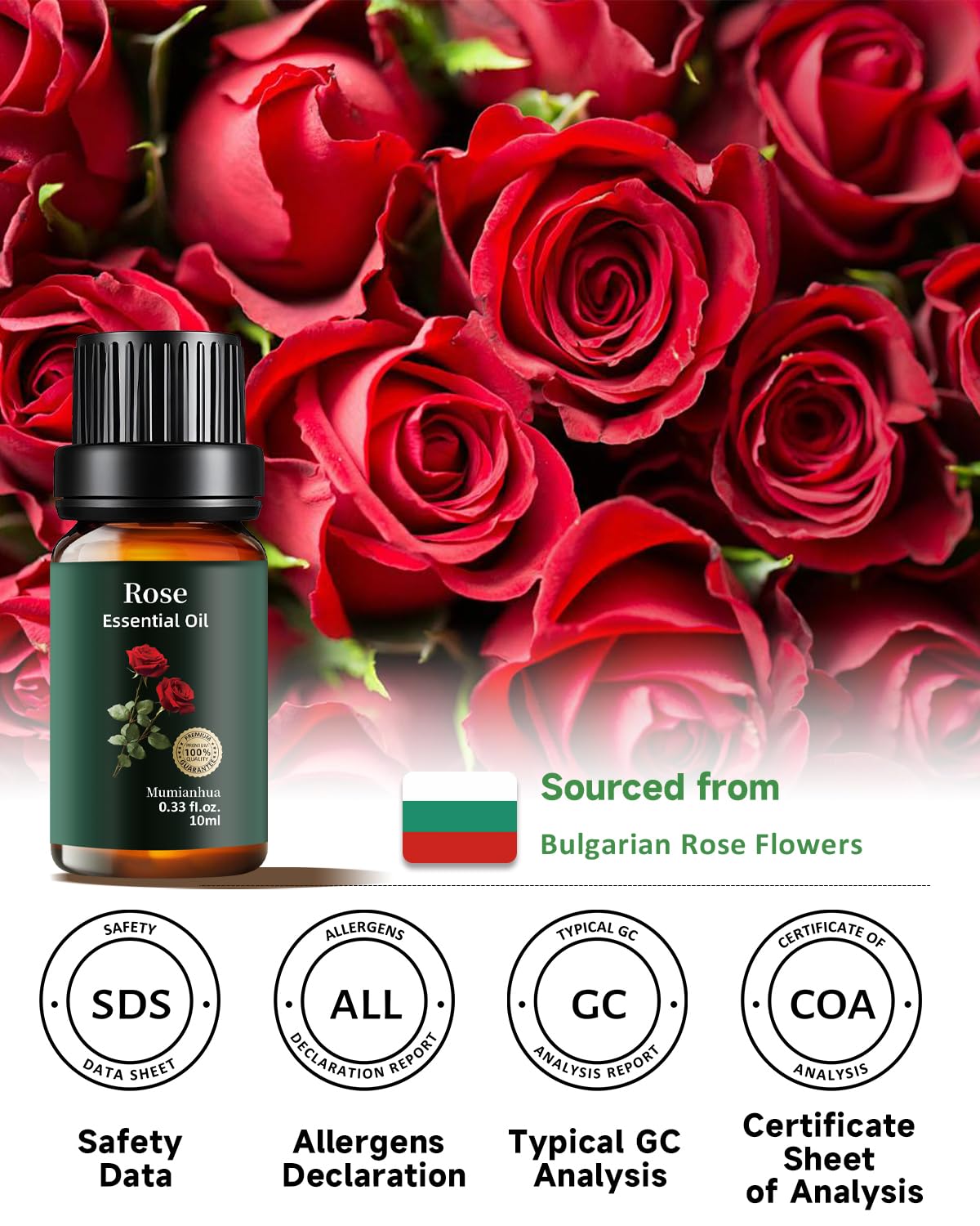 Rose Essential Oil - 100% Pure & Natural (0.33 fl oz / 10ml) | Aromatherapy, Skincare & Haircare | Mumianhua