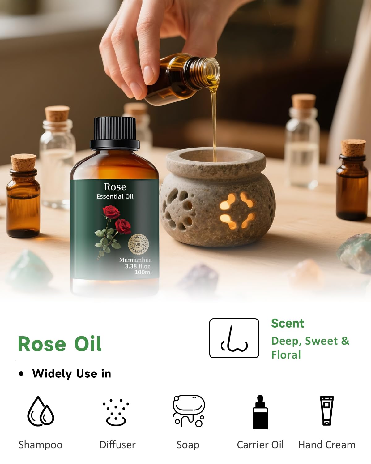 Pure Rose Essential Oil for Bedtime Serenity & Relaxation (3.38 fl oz) – Pillow Mist & Skincare