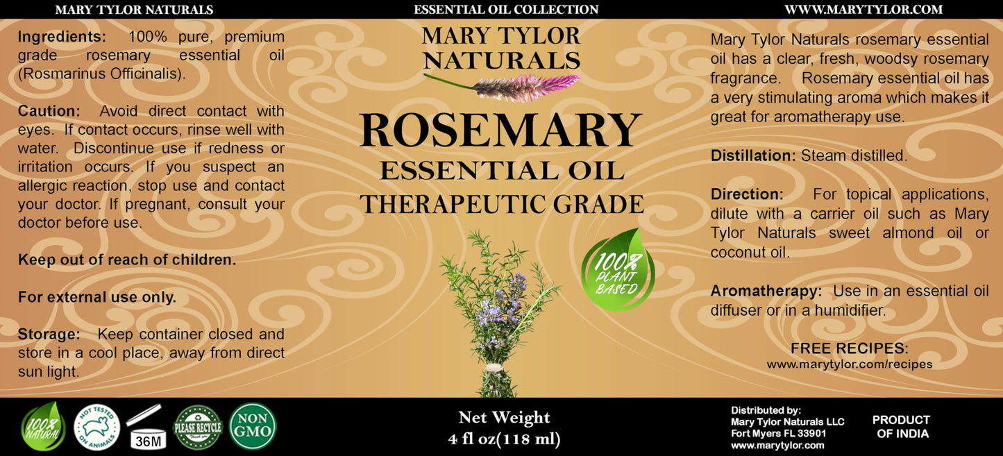 Rosemary Essential Oil (4 oz) Premium Therapeutic Grade – 100% Pure & Natural | Mary Tylor Naturals