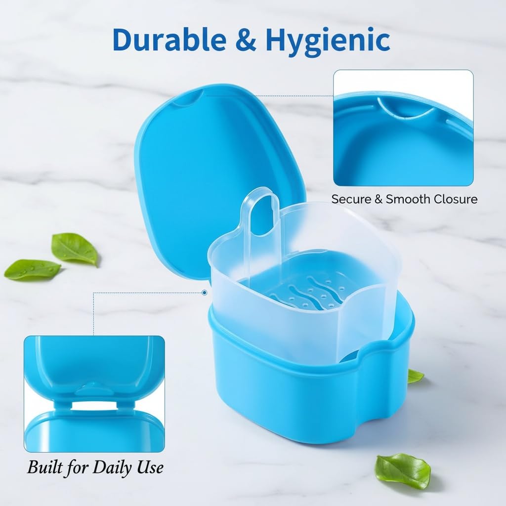 Rosenice Denture Storage Box Set 2 Pack with Strainer Basket | Portable ABS Case