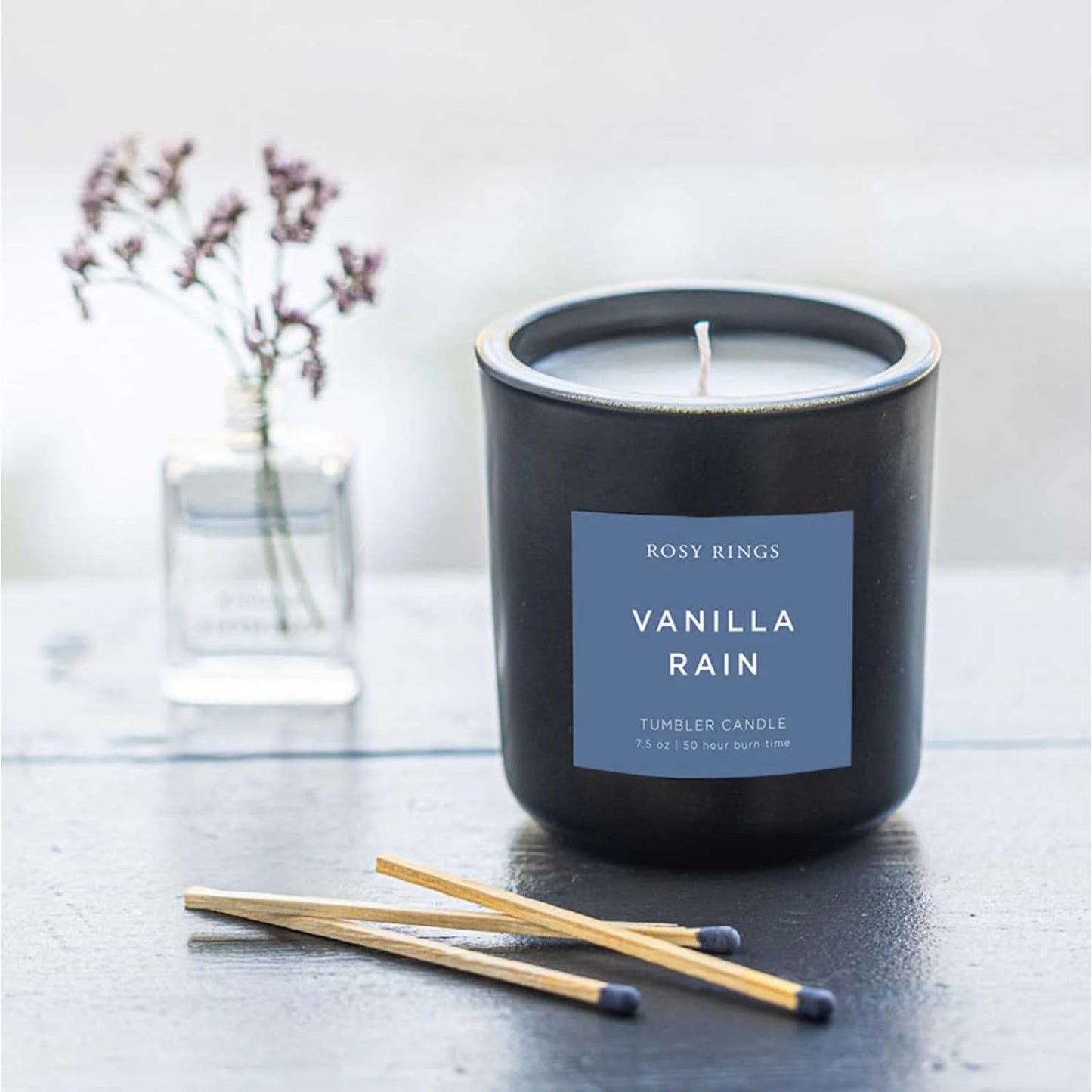 Rosy Rings Vanilla Rain Matte Black Glass Tumbler Candle | 50 Hr Burn Time, Luxury Home Fragrance Gift
