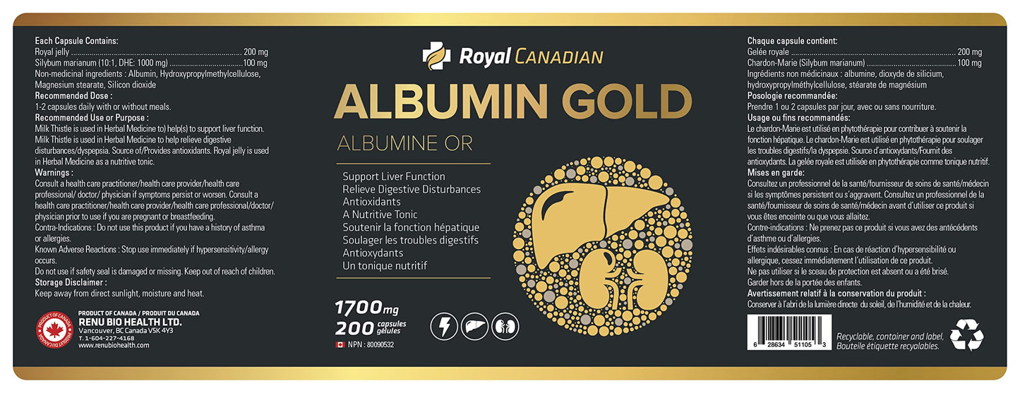 Royal Canadian Albumin Gold 1700mg | Liver Function | Kidney Function | Fatigue Recovery | Immune System (200 x 1700mg Capsules)
