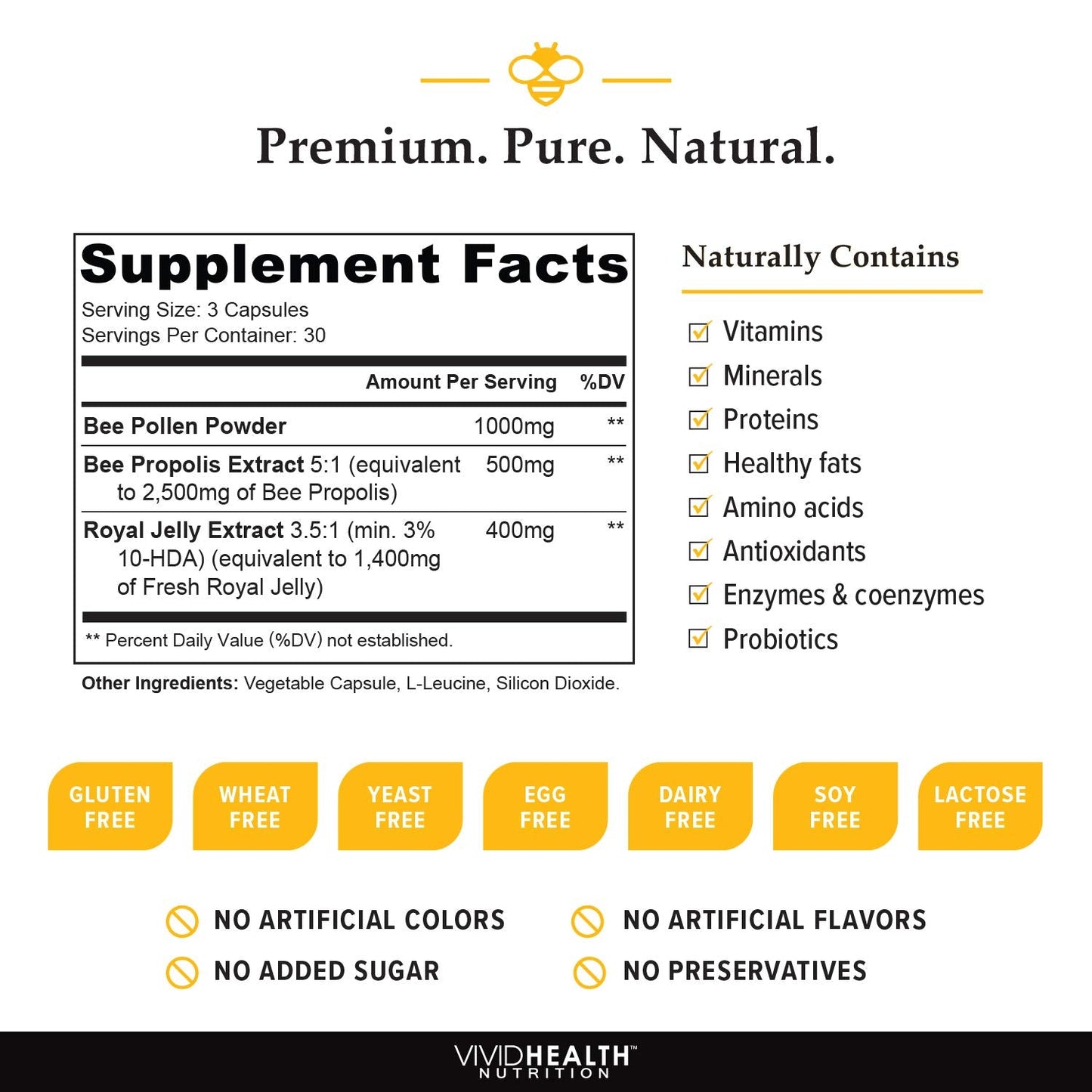 Vivid Health Nutrition Royal Jelly & Bee Pollen Capsules - High Potency, 90 Count