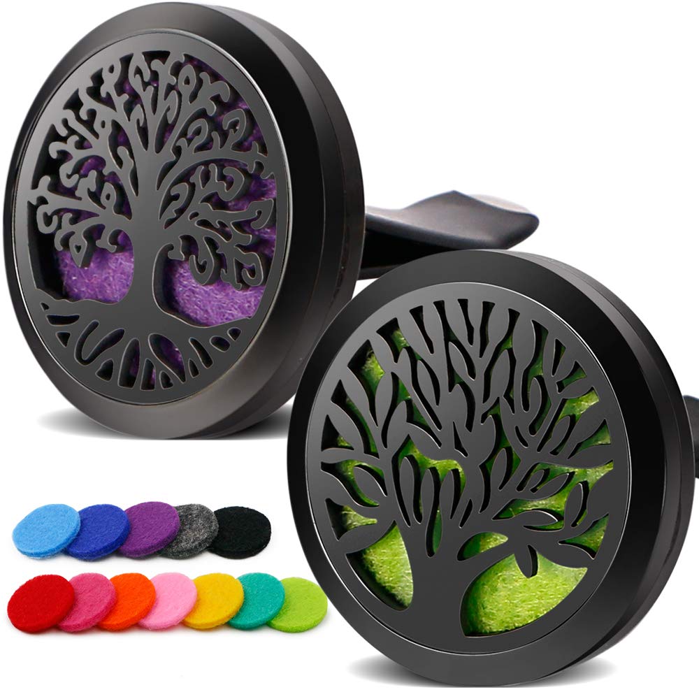 RoyAroma 2PCS Tree of Life Car Diffuser Lockets with Vent Clip | Black Stainless Steel