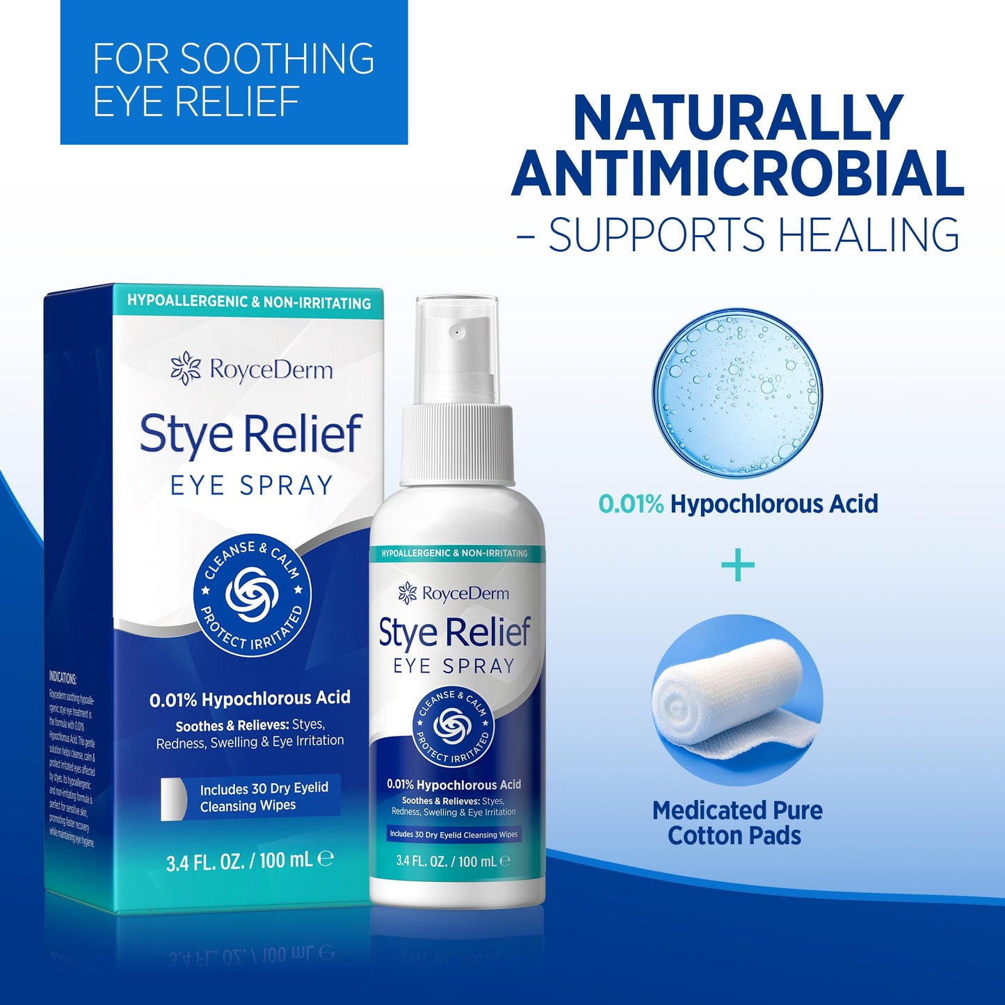 RoyceDerm Stye Eye Spray – Gentle HOCl Eyelid Cleaner with 30 Dry Wipes | No-Rinse Daily Eye Care (3.4 fl oz)
