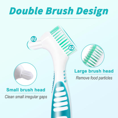 6 Pcs Denture Brush Set for False Teeth with White Carrying Case – Double-Sided Design, Multi-Layered Soft Bristles, Rubber Anti-Slip Handle, 4 Colors