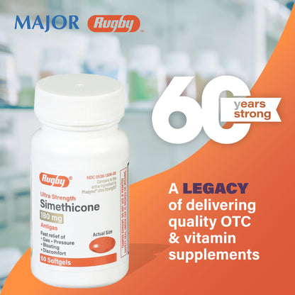 Rugby Ultra Strength Simethicone Gas Relief 180 mg — 60 Softgels (12 Pack)