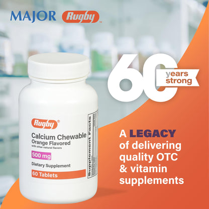 Rugby 500mg Calcium Chewable Tablets – Orange Flavor – 60 Count (4 Pack)
