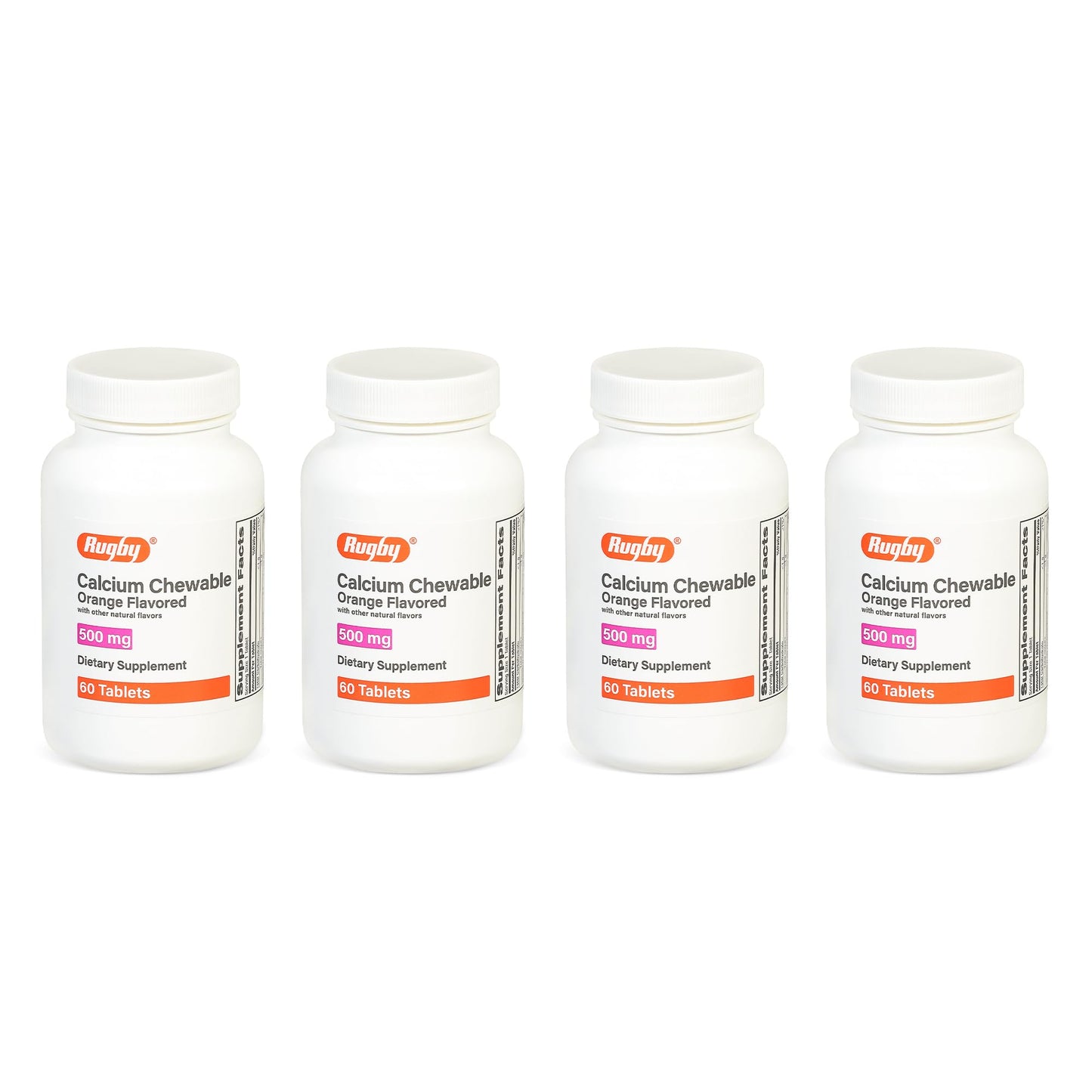 Rugby 500mg Calcium Chewable Tablets – Orange Flavor – 60 Count (4 Pack)