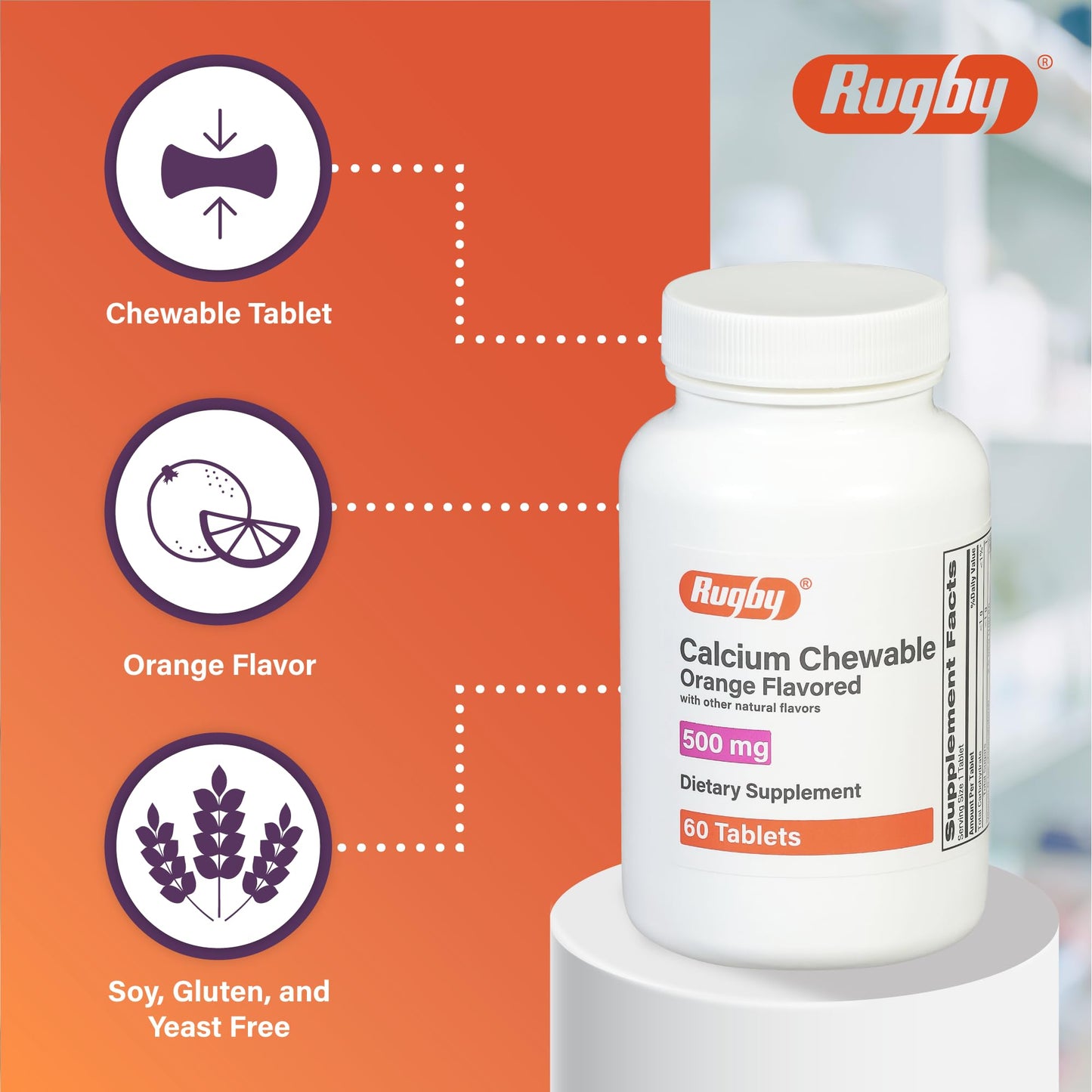 Rugby 500mg Calcium Chewable Tablets – Orange Flavor – 60 Count (4 Pack)