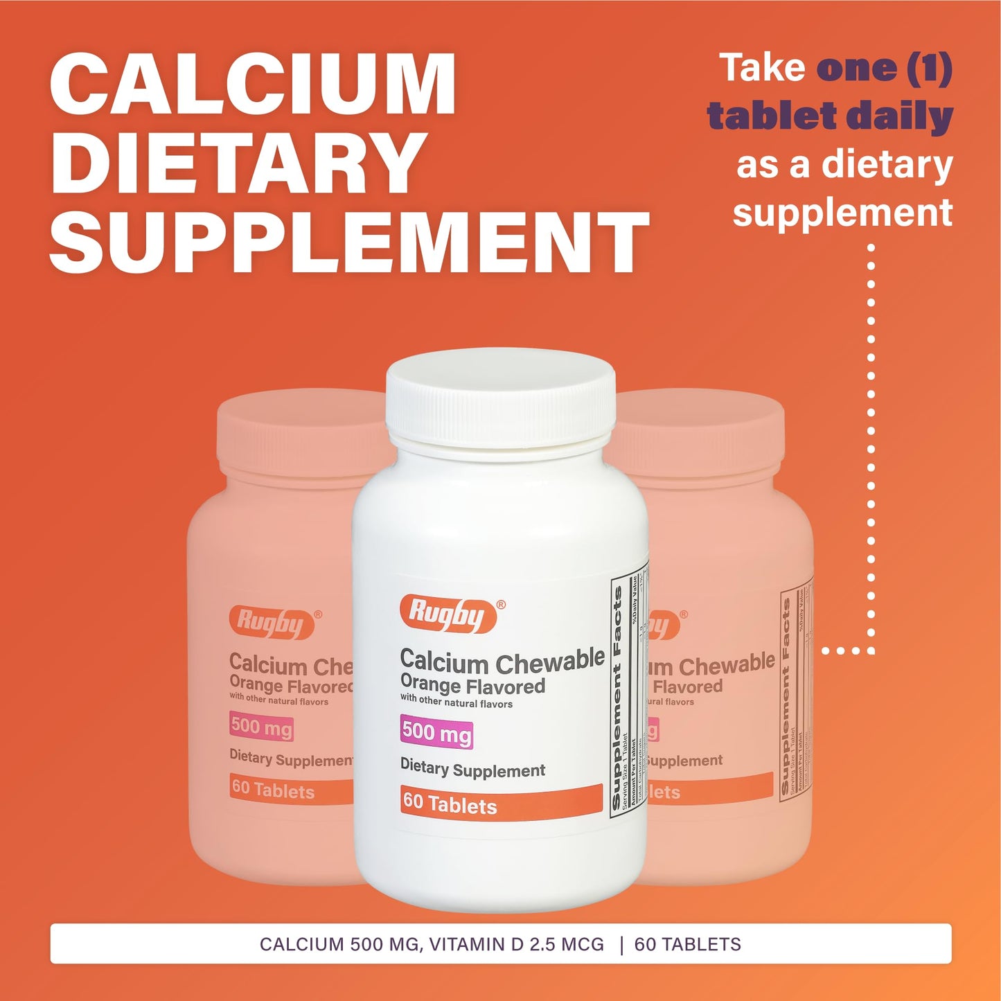 Rugby 500mg Calcium Chewable Tablets – Orange Flavor – 60 Count (4 Pack)