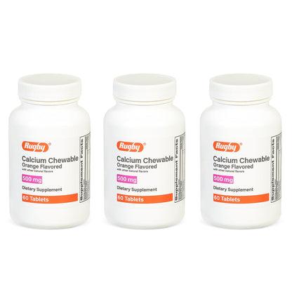 Rugby 500mg Calcium Chewable Tablets – Orange Flavor, Vitamin D 100 IU, 60 Count (3 Pack)